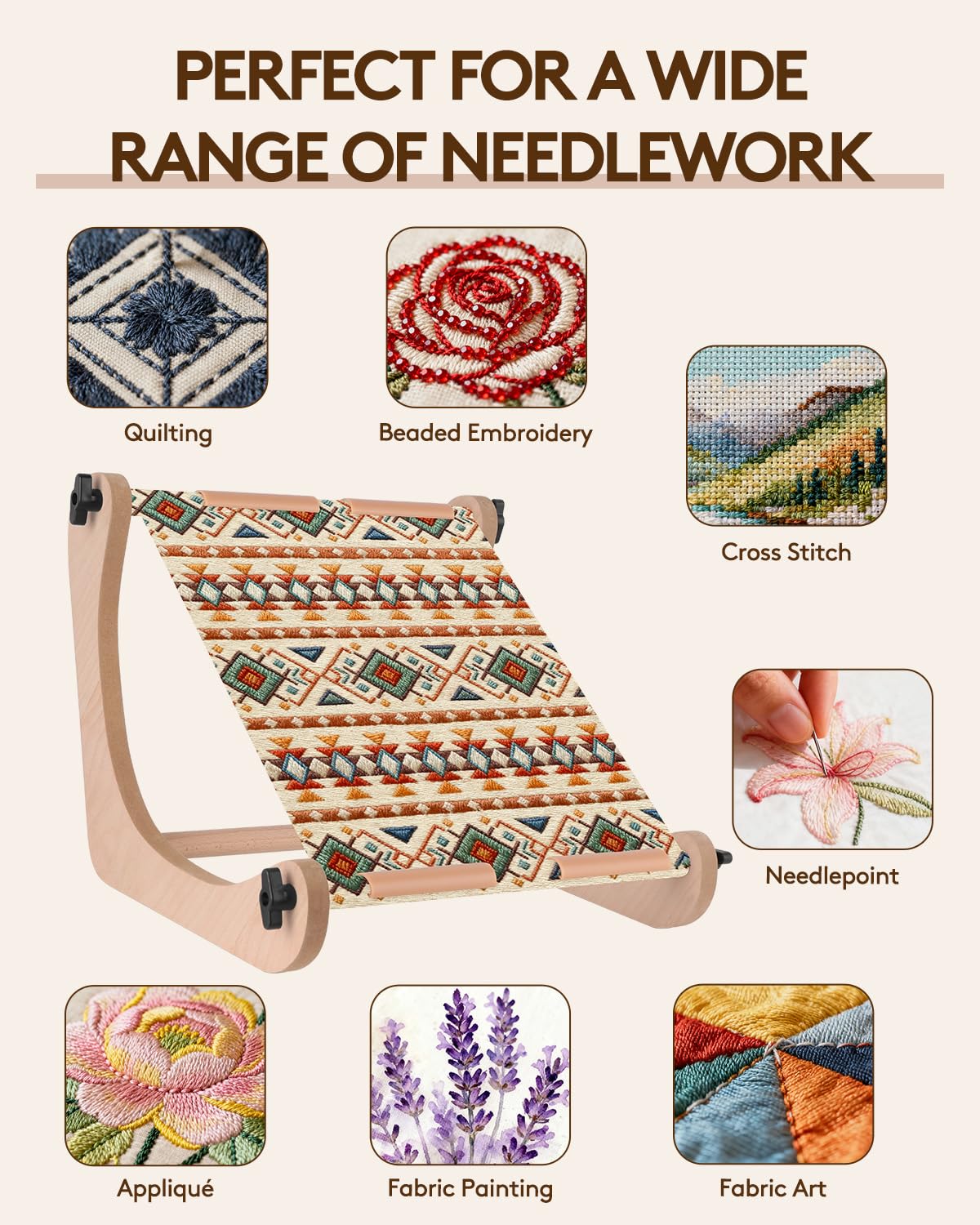 eZAKKA Adjustable Cross Stitch Stand for Lap or Tabletop, Wooden Embroidery Stand with 2 Size Rods (13.9" & 17.7"), Stable Cross Stitch Frame & Needlepoint Stand for Hands-Free Stitching