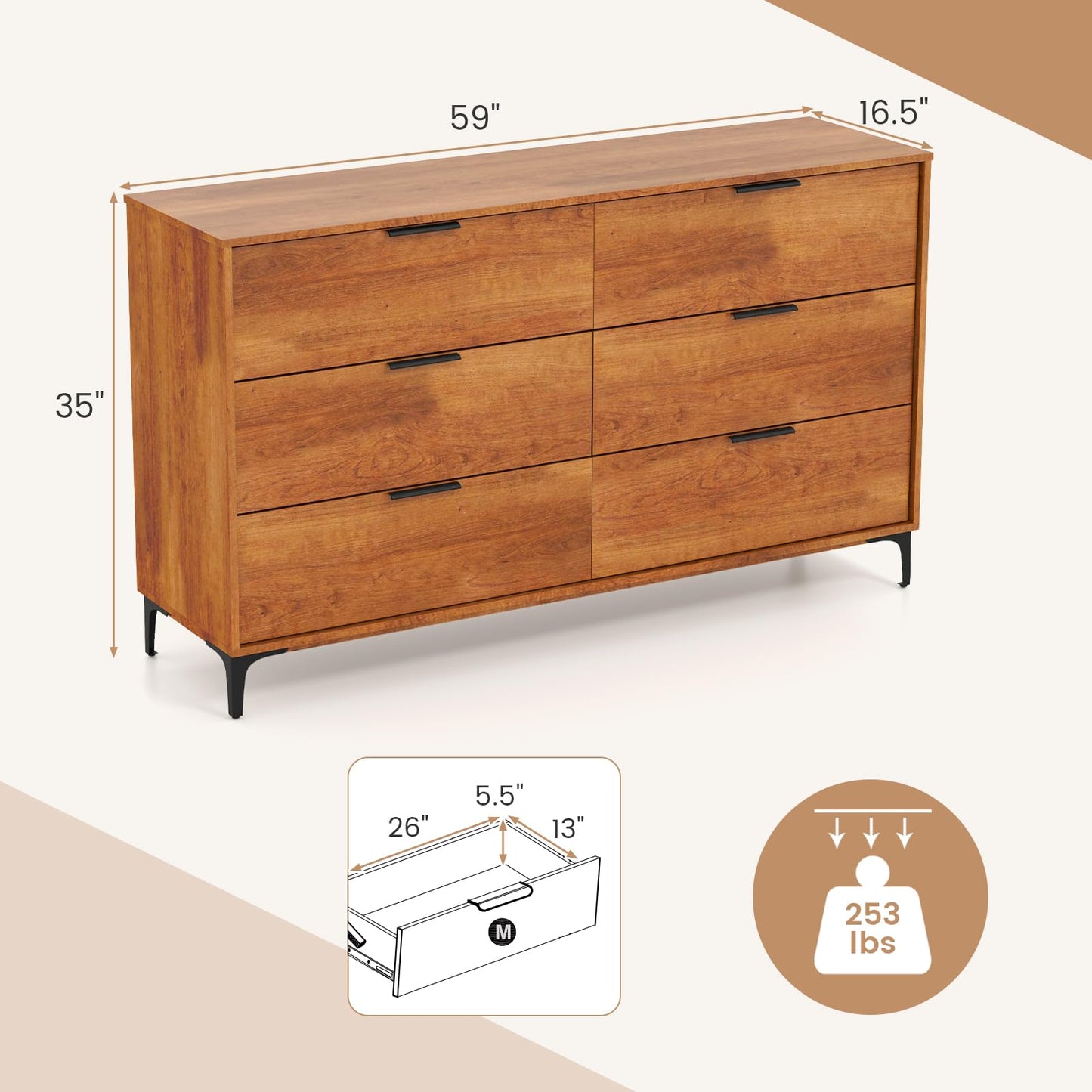 Giantex Wooden 6-Drawer Storage Cabinet w/Anti-Tip Kit & Sturdy Metal Legs, 59” Mid-Century Modern Storage Organizer for Hallway, Kitchen, Living Room, Entryway
