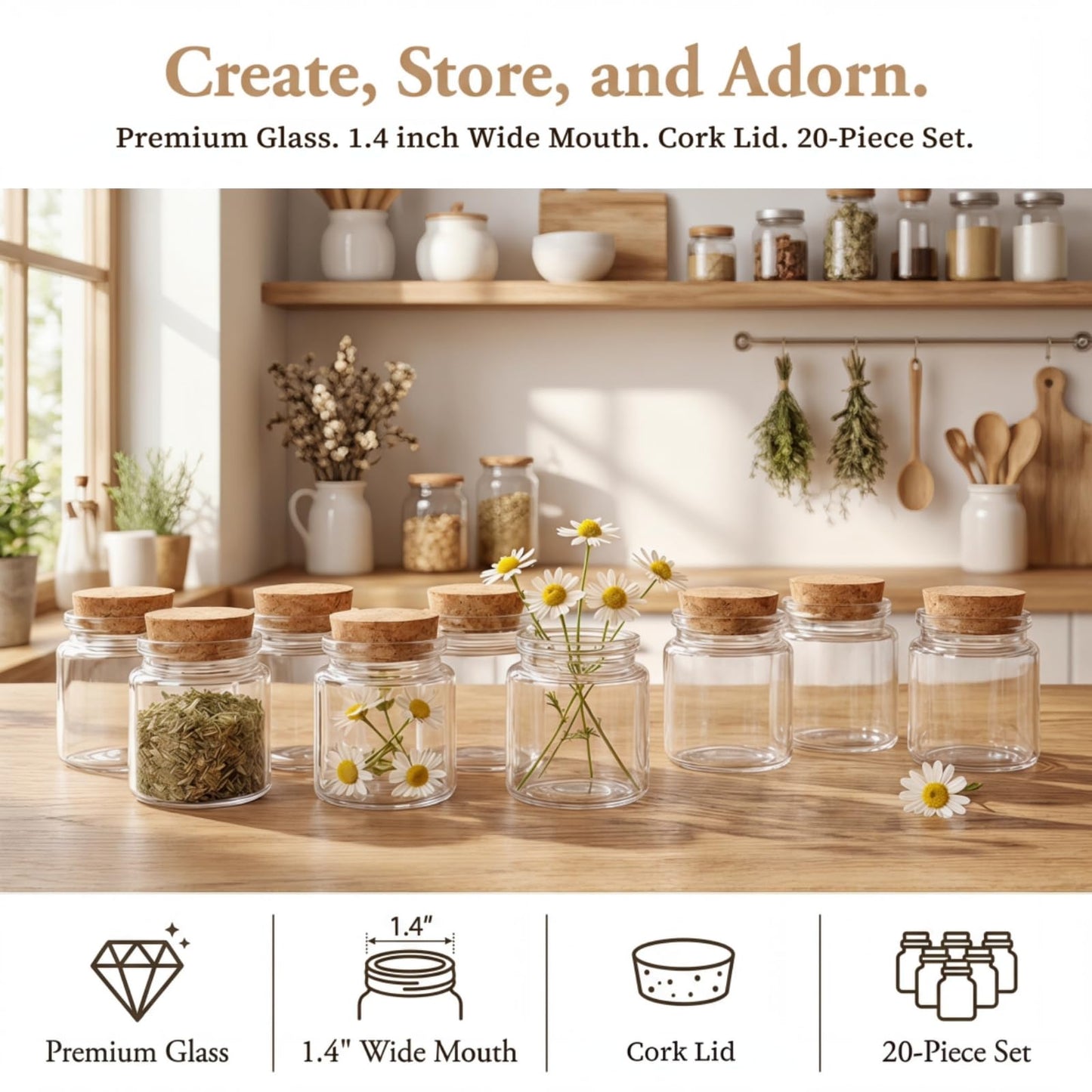 Dicunoy 20 PCS Glass Favor Jars with Cork Lids, 2 OZ Mini Round Vials Bottles, Small Cute Spice Containers for Tea, Jelly, Candy, Dried Flowers, Wedding Party Favors, DIY Crafts