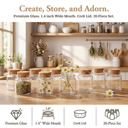 Dicunoy 20 PCS Glass Favor Jars with Cork Lids, 2 OZ Mini Round Vials Bottles, Small Cute Spice Containers for Tea, Jelly, Candy, Dried Flowers, Wedding Party Favors, DIY Crafts