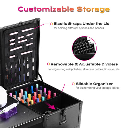 BYOOTIQUE Black Portable Nail Station with Storage Two-Way Removable Tabletop Foldable Manicure Desk Station on Wheels for Makeup Artisr Manicurist Beauty Salon Esthetician Barbershop Hairstylist