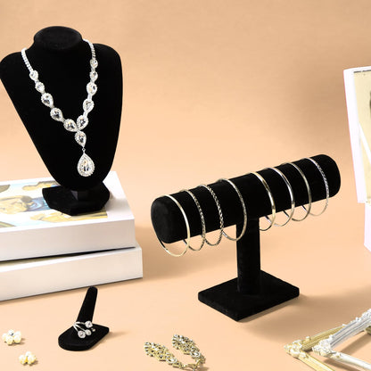 Wenqik 4 Pcs Velvet Jewelry Display Set Velvet Necklace Bust Holder Bracelet Organizer 2 Ring Finger Jewelry Holder(Black)