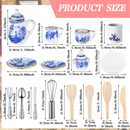 62 Pcs 1:12 Scale Miniature Dollhouse Kitchen Accessories Miniature Tea Cup Pots Resin Cake Set Include 16 Mini Plates Knife Fork Spoon 6 Egg Beater Utensil 10 Mini Stovetop Cookware 15 Pretend Food