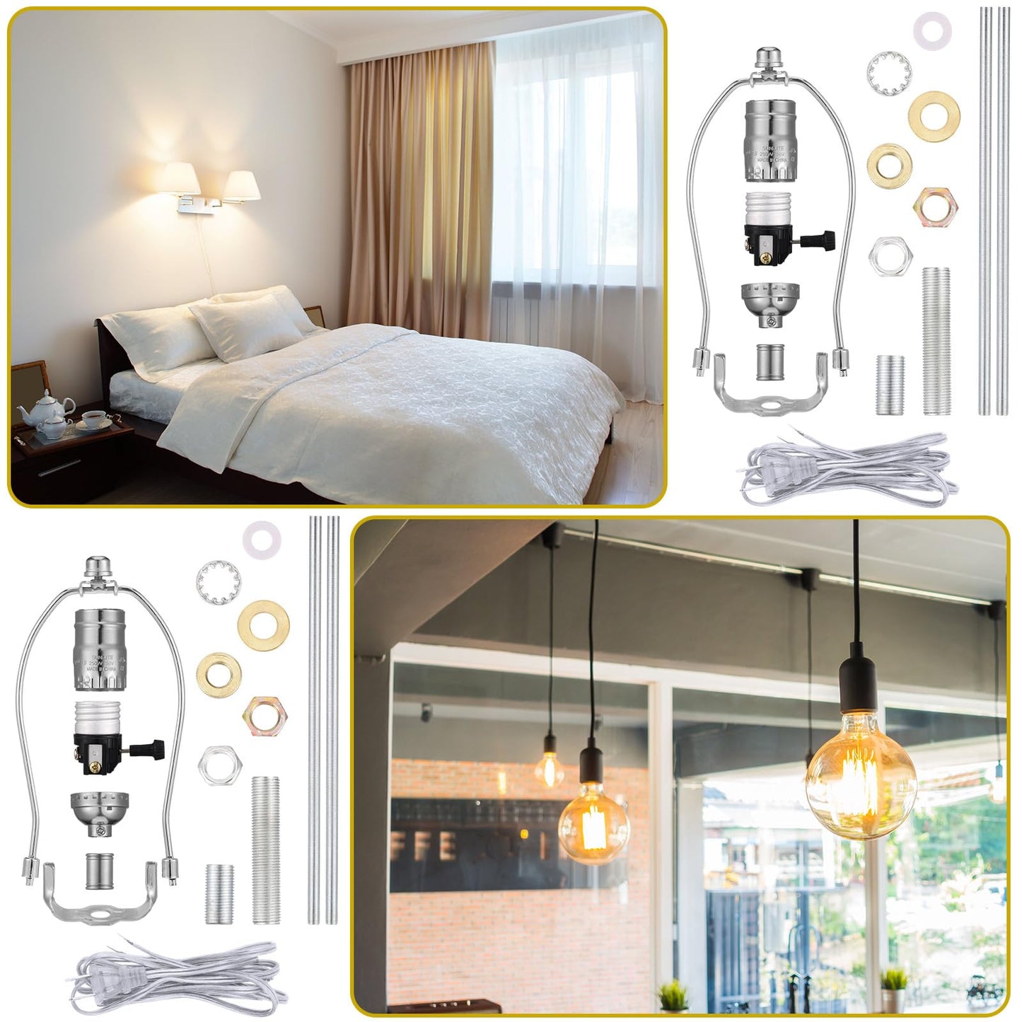 Baquler 2 Set Lamp Rewire Kit Make a Lamp or Repair Kit with 8'' Harp 12" Tube Pipe 3 Way Socket 8 ft Cord and All Hardware Parts for DIY Antique Table Centerpiece Design(Silver)