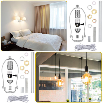 Baquler 2 Set Lamp Rewire Kit Make a Lamp or Repair Kit with 8'' Harp 12" Tube Pipe 3 Way Socket 8 ft Cord and All Hardware Parts for DIY Antique Table Centerpiece Design(Silver)