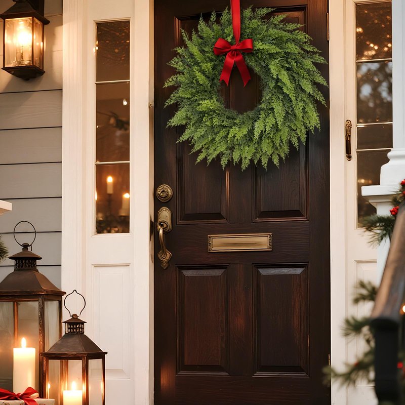 24" Soft Textured Christmas Cedar Wreath - Artificial Cedar Wreaths Faux Green Fake Pine Needles Wreath for Front Door, Wall, Windows, Home,Outdoor,Xmas Decor