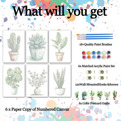 6 Pack Plant Paint by Numbers Kit for Adults Beginners 8x12 Inch, Potted Green Plant Paint by Number Kits on Canvas Without Frame, Easy DIY Acrylic Painting by Numbers for Home Wall Decor Gift