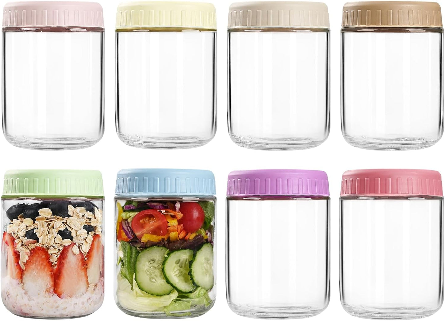 16oz 8 SHOWIN Overnight Oats Containers with Lids, Glass Jars with Lids pcs, Wide Mouth Mason jars for Salad, Yogurt