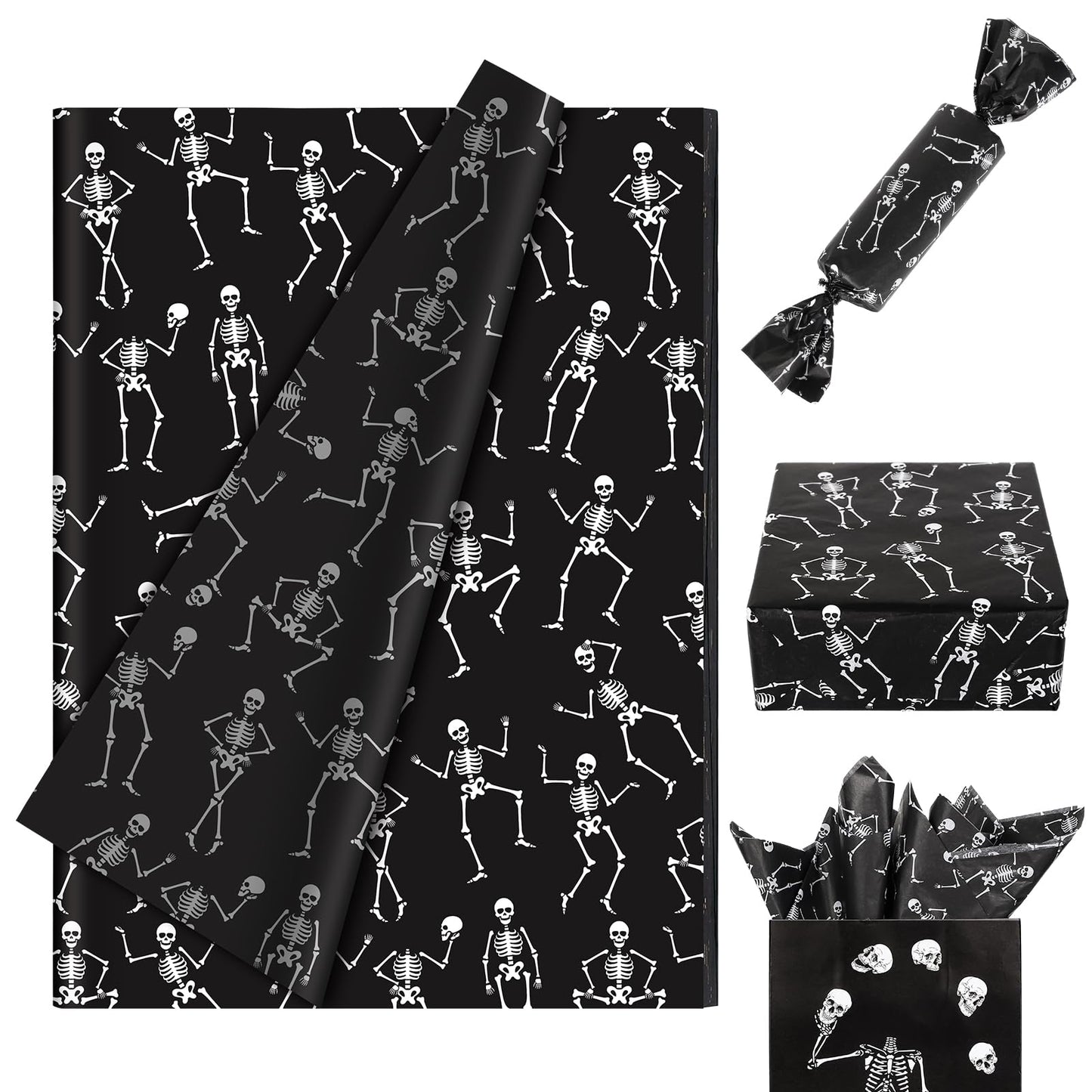 Whaline 100 Sheets Halloween Tissue Paper Dancing Skeleton Gift Wrapping Paper Black White DIY Art Craft Paper for Halloween Birthday Holiday Party Supplies, 13.7 x 19.6 Inch