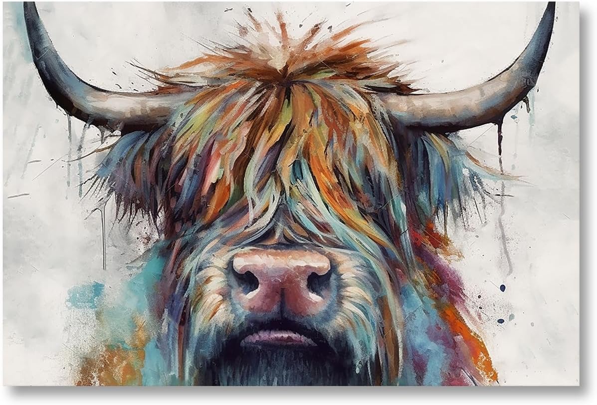 CCWACPP Highland Cattle Canvas Wall Art, Colorful Cow Painting Print, Rustic Farmhouse Decor Frame (12x18inch)