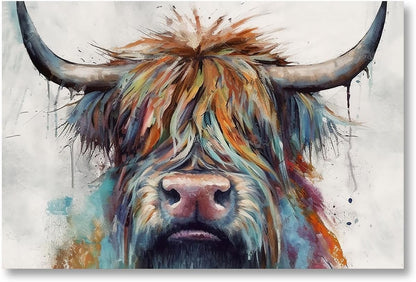 CCWACPP Highland Cattle Canvas Wall Art, Colorful Cow Painting Print, Rustic Farmhouse Decor Frame (12x18inch)