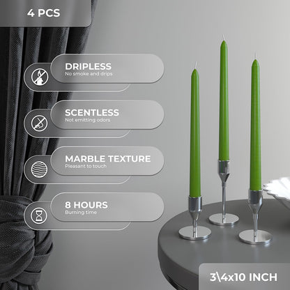 CANDWAX 10 inch Taper Candles - Set of 4 - Dripless, Unscented and Smokeless - Green Tapered Candle Sticks - Perfect for Dinner - Grass Green Candles