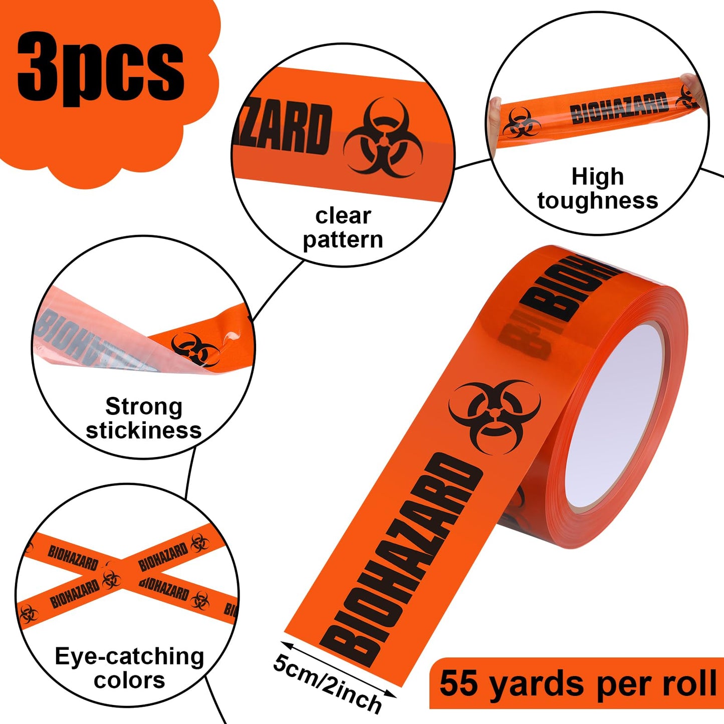 Innconee 3 Rolls Biohazard Tape Roll Safety Warning Adhesive Stickers Orange Caution Tape Roll with Legend Biohazard for Identifying and Marking, 55 Yd. Length x 2" Width