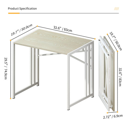 Lutown-Teen 32 inch Small Folding Desk, Writing Gaming Computer Camping Desk for Small Spaces, No Assembly Required Home Office Desk, Natural and White