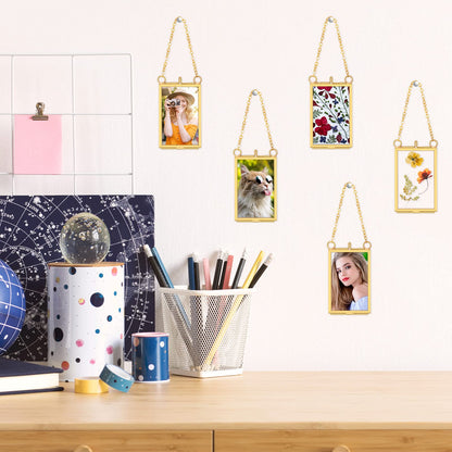 Reginary 8 Pcs 2 x 3 Inch Glass Frame for Pressed Flowers Mini Hanging Double Brass Frame Floating Glass Photo Picture Frame with Chain for Artwork Art Specimen Wall Plant DIY Decor(Gold)