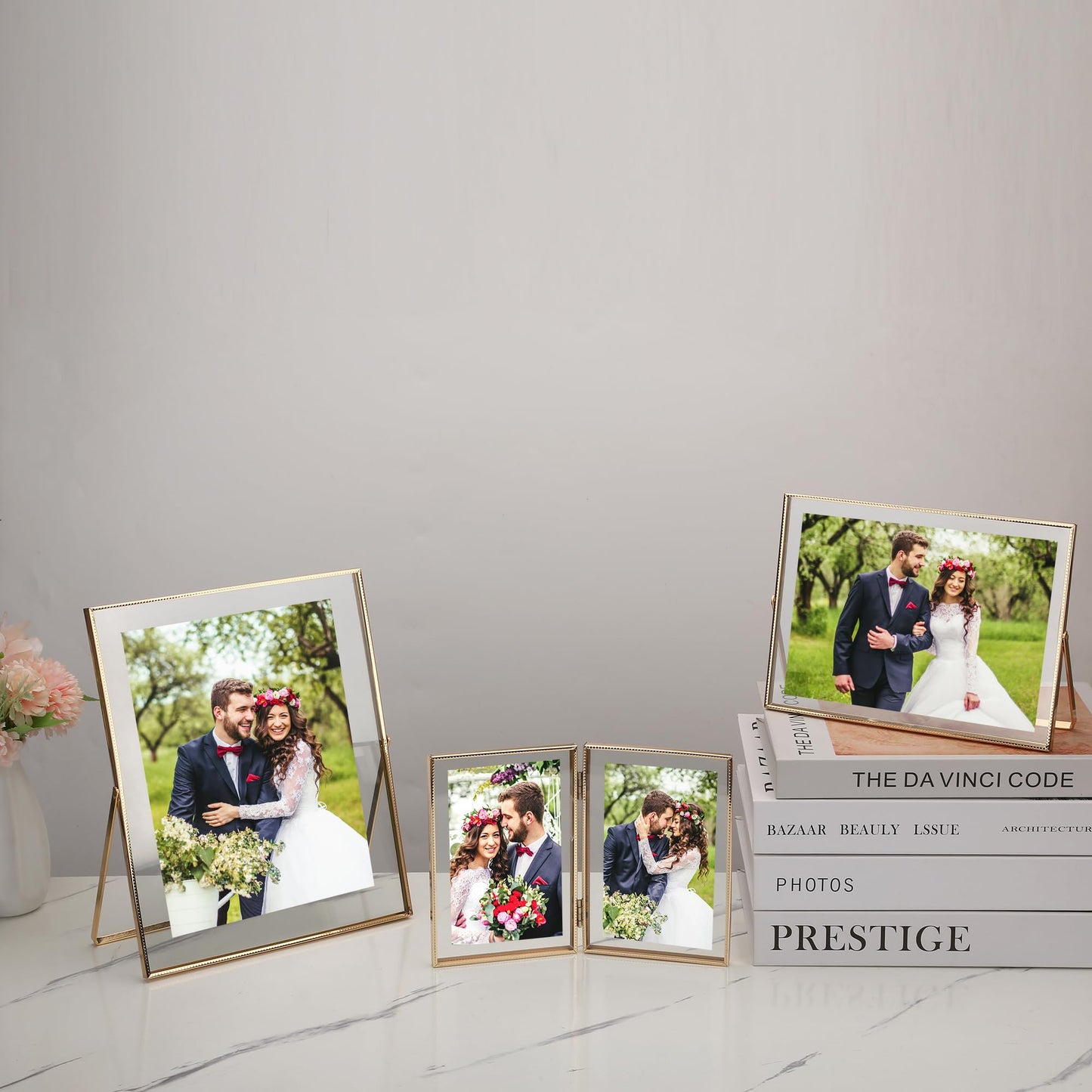 Classura Gold 8x10'' Floating Picture Frame Set of 2,For Photo Sizes (5x7'',6x8'',7x9''),Beautiful Metal Beaded Edge Frames Adjustable Tabletop/Shelf Photo Frame,Classy Gift Choice for Wedding