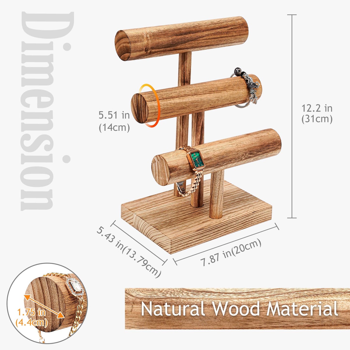ProCase Bracelet Holder Display Bracelet Organizer, Wooden Bracelet Stand for Selling, T-bar Bangle Storage Rack Wood Watch Display Tower for Business - 3 Tier, Nature