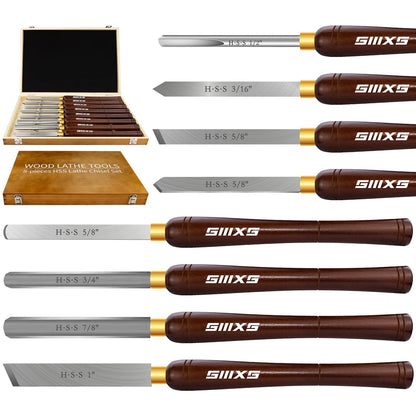 SIIIXS 8Pcs HSS Wood Turning Tools Lathe Chisel kit with Beech Handle and Wooden Box