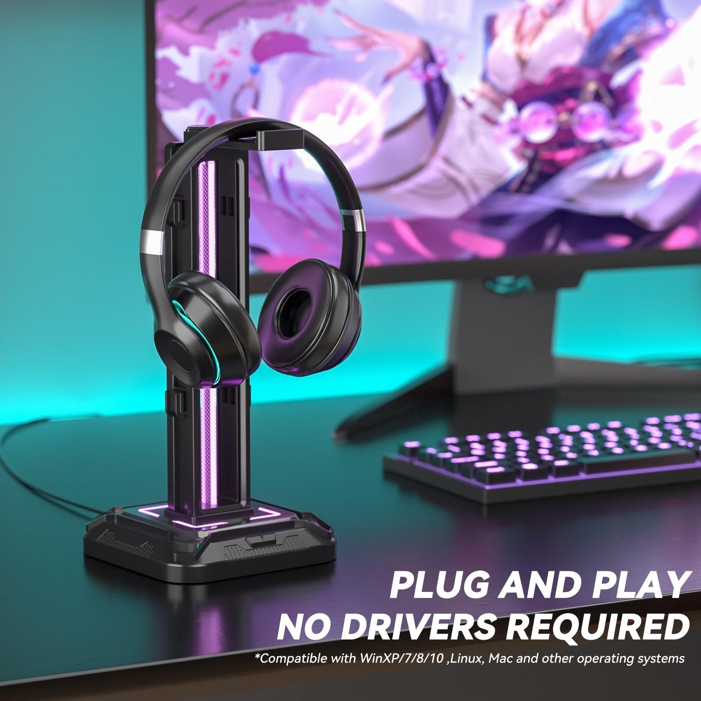 KDD RGB Headset Stand with 9 Light Modes - Controller Holder for Desk - Rotatable Headphone Stand & Detachable Controller Hook for PC Earphone Accessories(Black)
