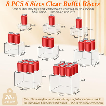 8 Pcs Clear Acrylic Buffet Risers with Mini Sign and Maker,Buffet Risers and Stands Clear Food Display Risers for Buffet Table Party Catering Dessert Cupcake Collectibles (8" 7" 6" 5" 5" 4" 4" 3")