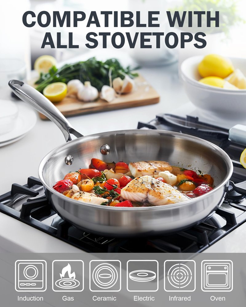 Cooks Standard Stainless Steel Frying Pan with Lid, 12-Inch Multi-Ply Clad Wok Stir Fry Pan, Kitchen Skillet, Silver