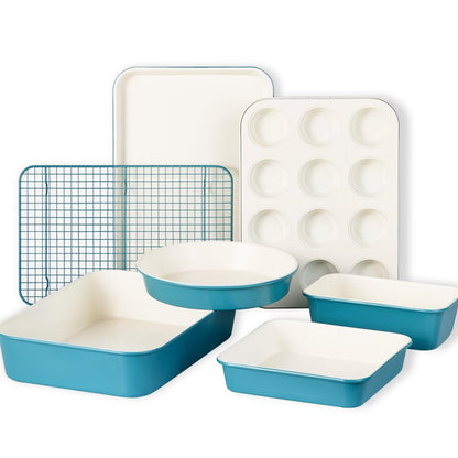 CAROTE 7-Piece Ceramic Baking Pans Set, Aluminized Steel Bakeware Sets, Toxin-Free Nonstick Stackable Oven Pans with Cookie Sheet, Muffin Pan, Loaf Pan, Roasting Pan, Cake Pans, Cooling Rack