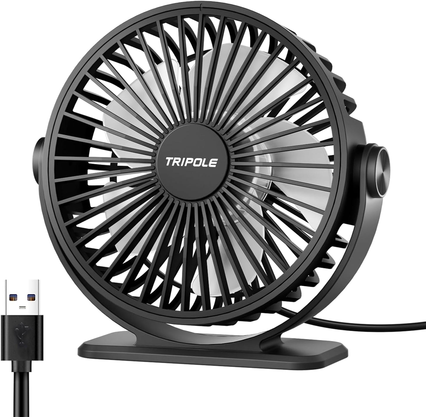 TriPole USB Powered Desk Fan - Portable Mini Fan with 3 Speeds & 360° Rotation | Quiet for Home & Office, Black