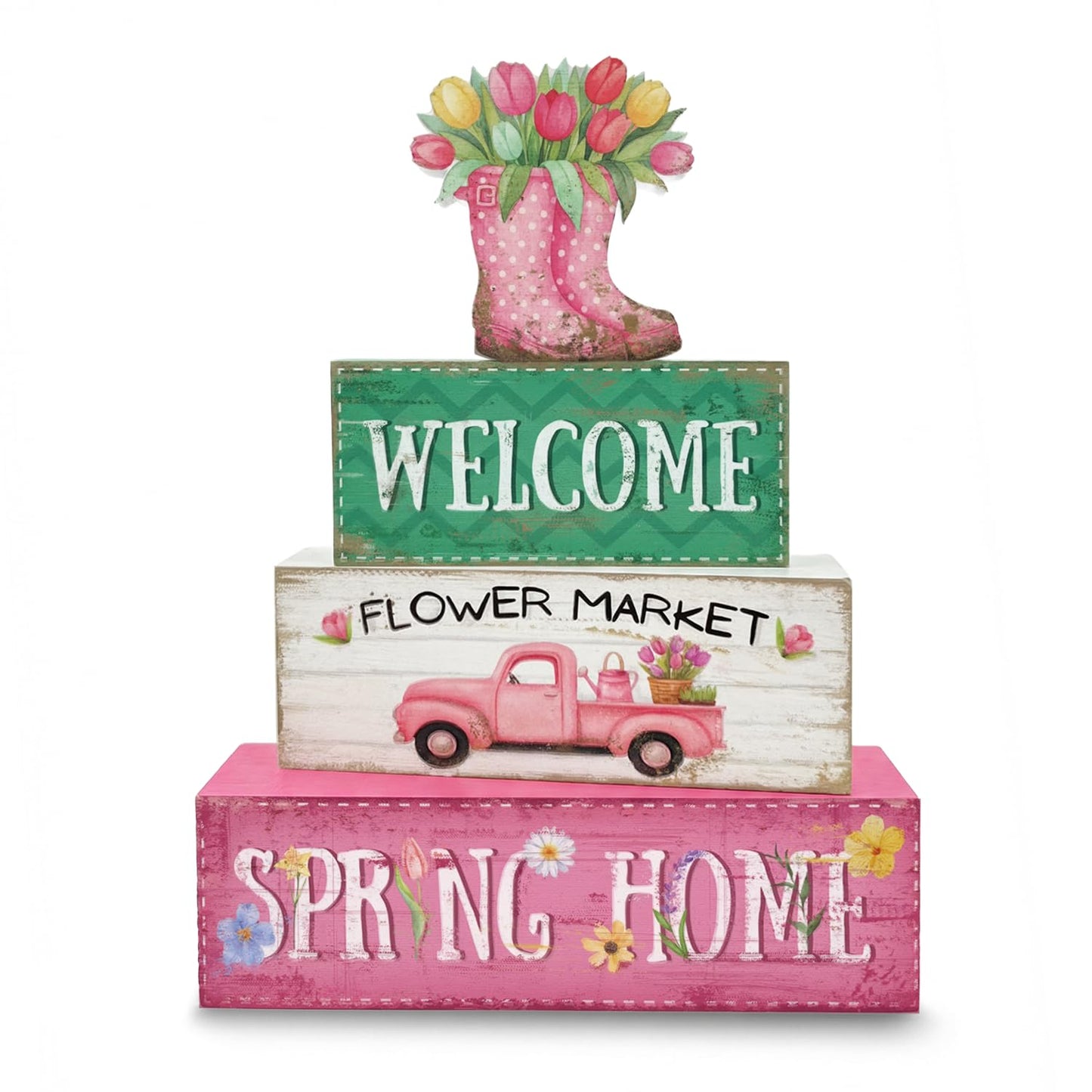 Golibra Spring Decorations, 4 Pcs Wooden Spring Table Decorations, Farmhouse Rain Boots Tiered Tray Decor, Wooden Table Sign for Desk Shelf Mantel Coffee Bar, Indoor Home Decor