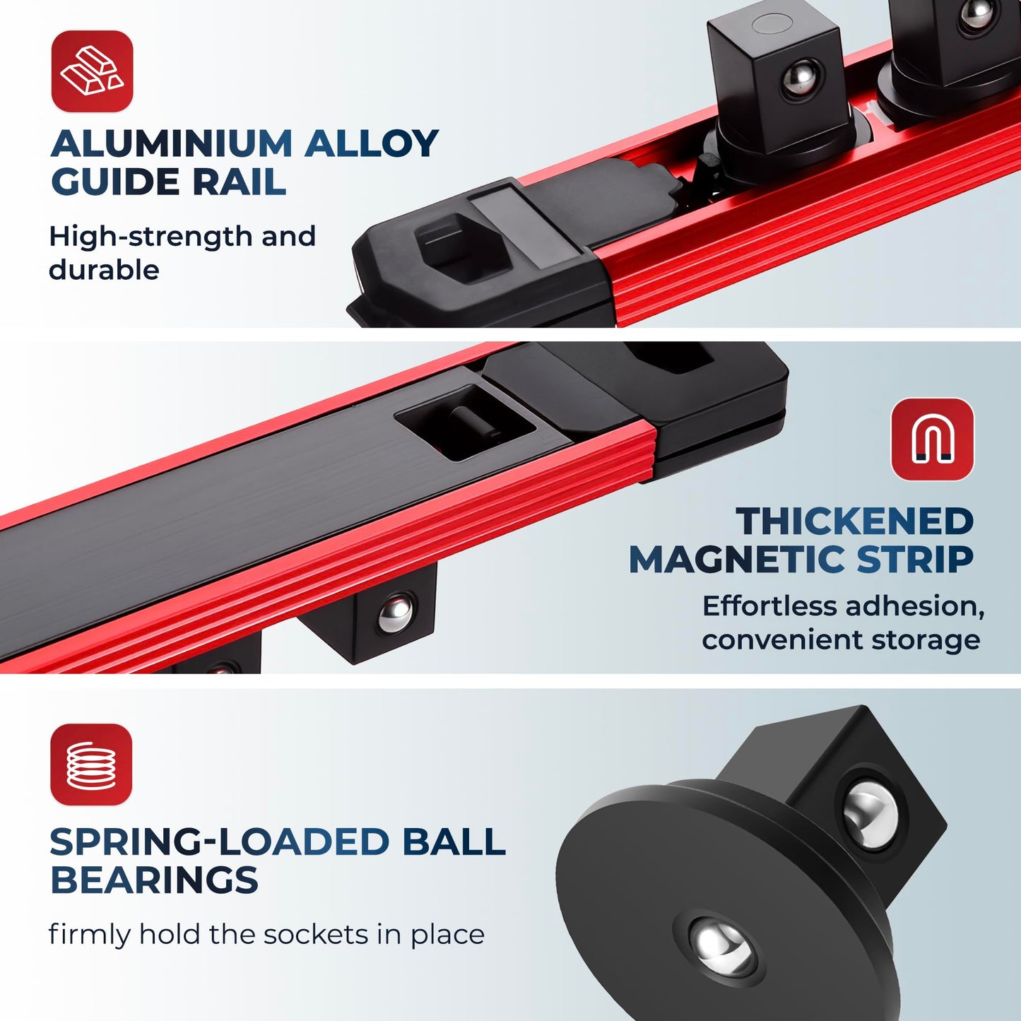 Reniteco Magnetic Socket Organizer Set, 3PC 3/8-Inch Drive Aluminum Alloy Socket Rail, Heavy Duty Magnetic Socket Holder for Tool Box Drawer, 360° Swivel Socket Rack, 3/8" x 42 Clips, Red