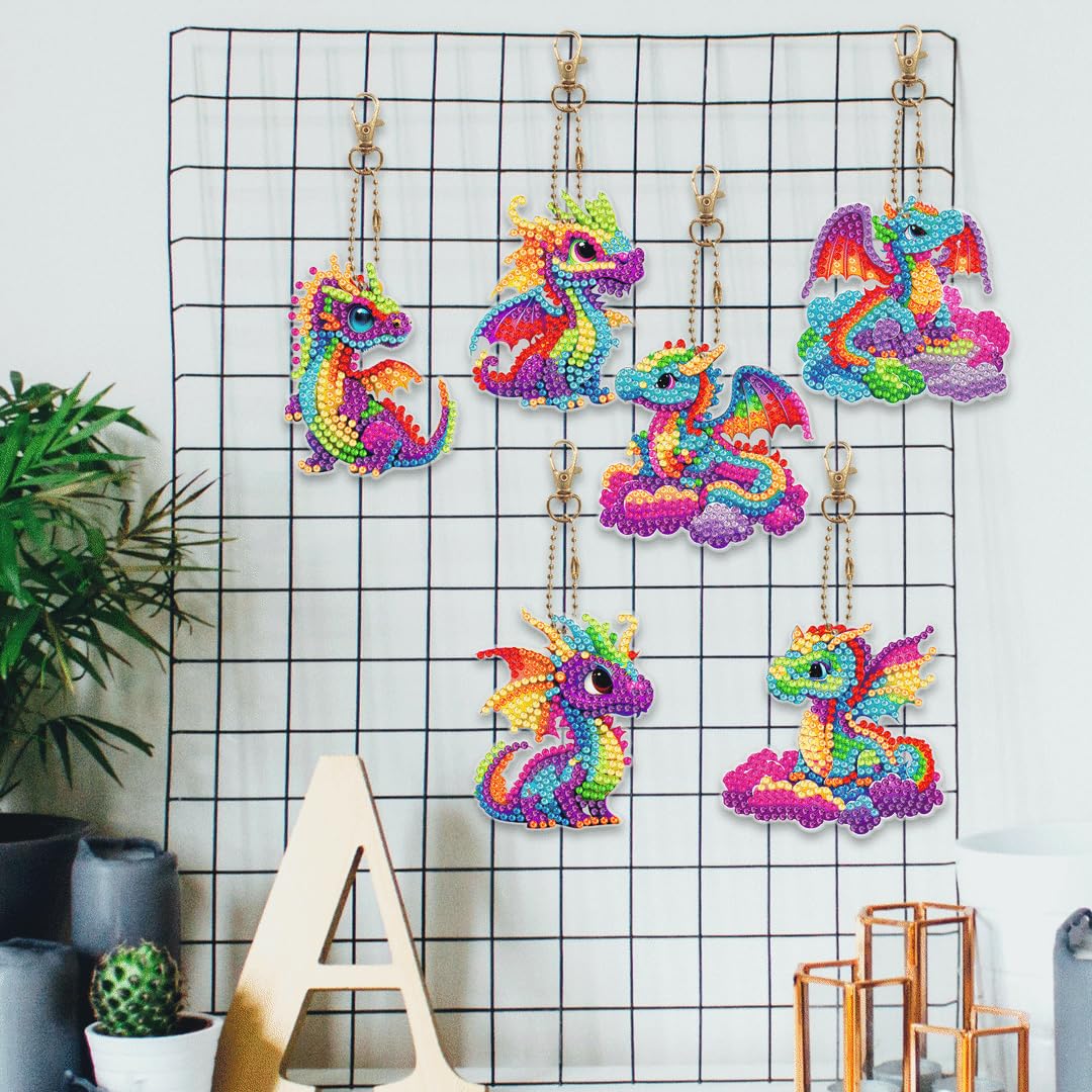 YUE ZHE 6 PCS Diamond Painting Keychains Double Sided Dragon Diamond Art Kits for Adults DIY 5D Painting Keychains Ornaments for Adults Beginners DIY Crafts Decor