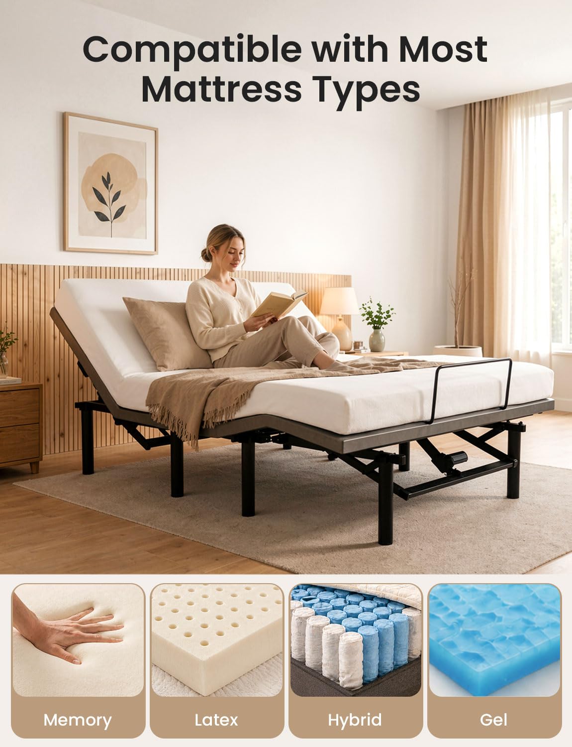 Full Size Adjustable Bed Base with Wireless Remote & USB Ports – Quiet Motor Heavy Duty 750lbs Capacity Bed Frame for Elderly Back Pain Relief, Foldable Design, Mattress Friendly Adjustable Base