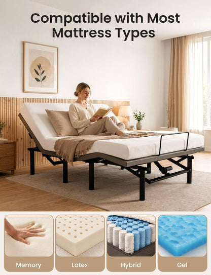 Full Size Adjustable Bed Base with Wireless Remote & USB Ports – Quiet Motor Heavy Duty 750lbs Capacity Bed Frame for Elderly Back Pain Relief, Foldable Design, Mattress Friendly Adjustable Base