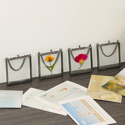 JUXYES 4 Pack Wall Hanging Mini Brass Glass Ornament Frames, Square Floater Picture Artwork Display Frame, Double Glass Floating Tiny Frames Gallery Wall Frame for Photo, Picture, Pressed Flower, Black