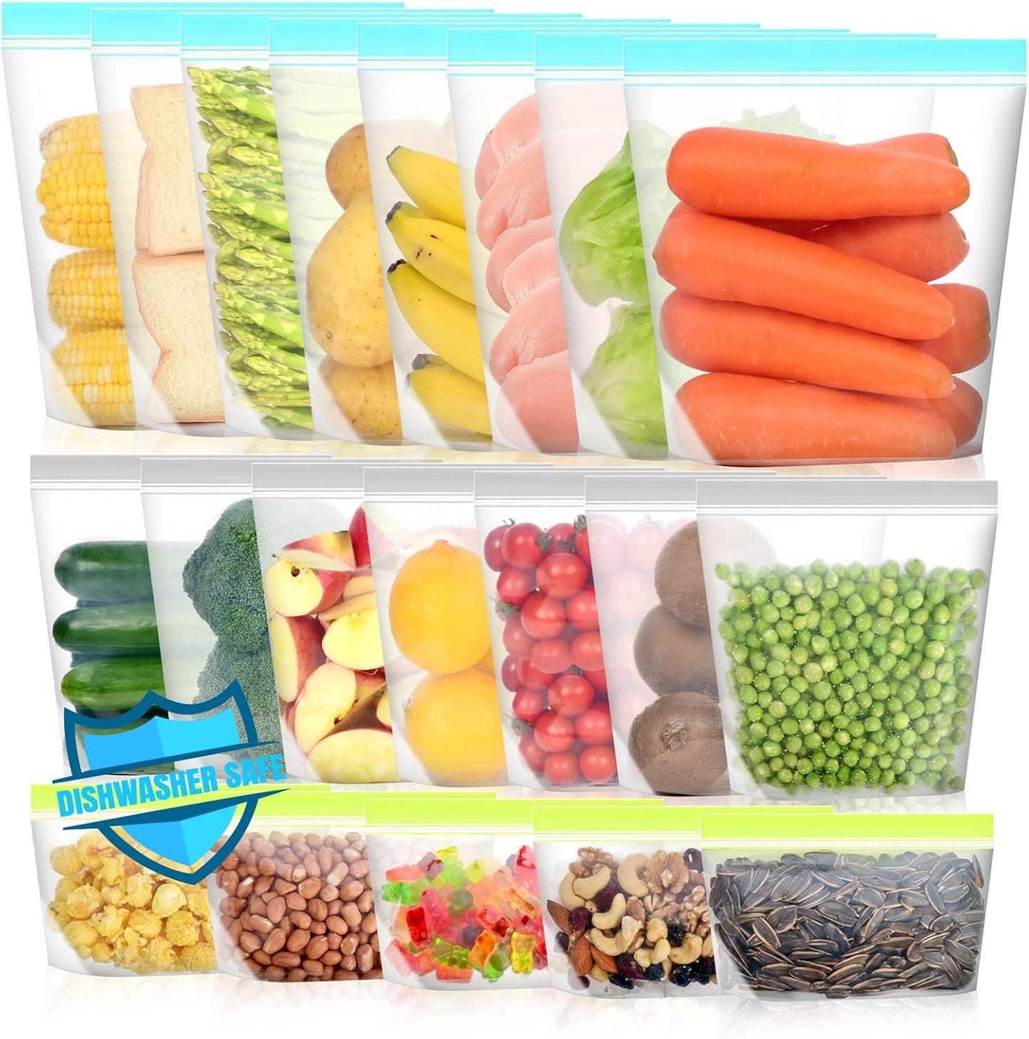Reusable Freezer Bags - Dishwasher Microwave Safe, Stand Up Silicone and BPA Free Sandwich Bags, Leakproof Food Storage Bags for Meal Prep - 20 Gallon (20 Packs)