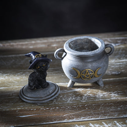 Pacific Giftware Black Cat with Witch Hat Sitting on Cauldron Box, Polyresin Jewelry or Coin Holder, 3.93 Inches x 3.14 Inches x 5.5 Inches