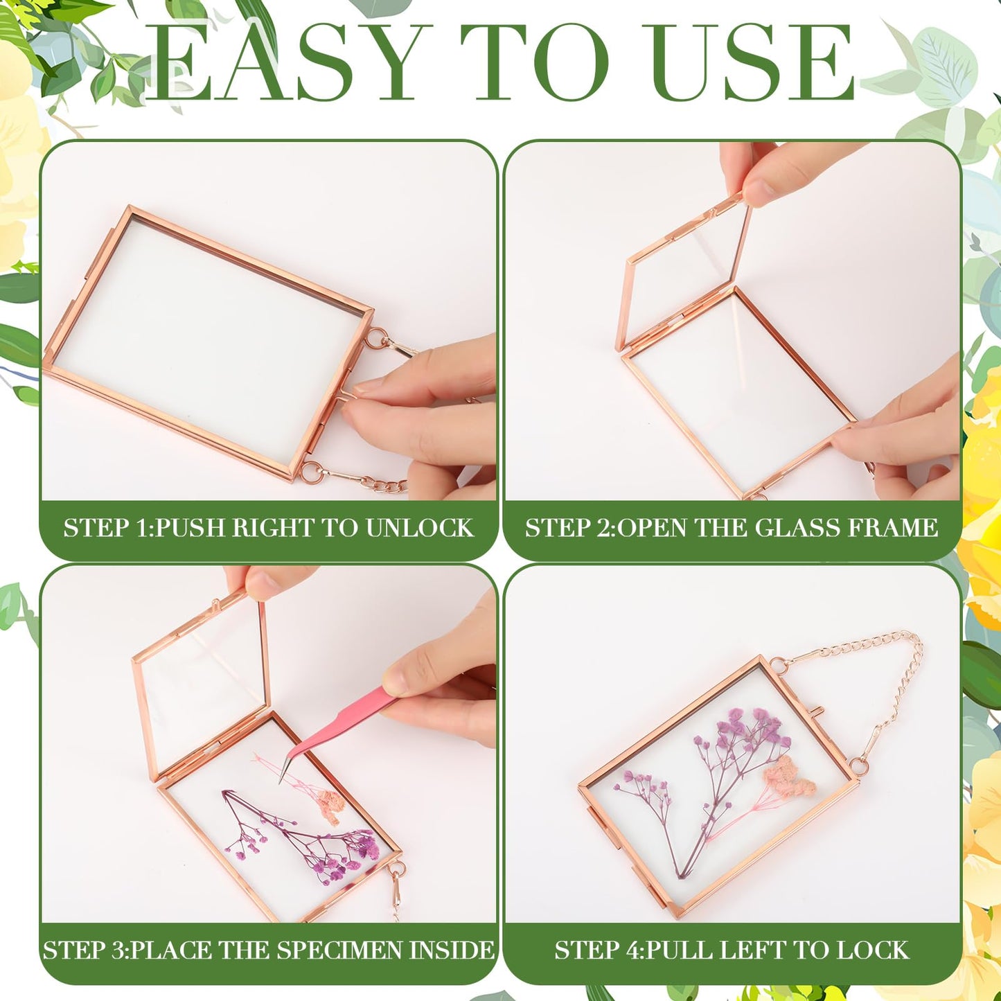 Kigley Double Glass Frame for Pressed Flowers Floating Hanging Photo Frame Gift for Graduation Mother's Day 3.5 x 2.5 in Brass Clear Decor with Chain for Display Gallery Artwork(Rose Gold,12 Pcs)