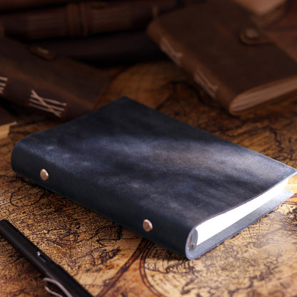 Fishknow A6 Refillable Notebook,Blue Genuine Leather 5x7In 6 Ring Binder Journal for Women Men