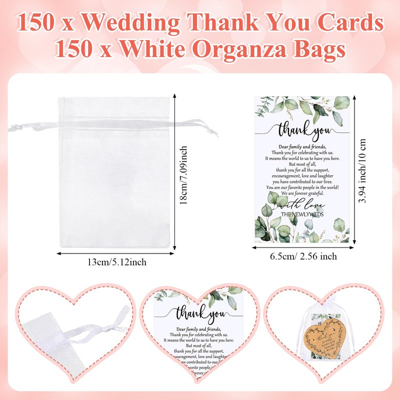 150 Sets Rustic Wedding Favor Coasters, Heart Cork Coasters for Guests, Mr & Mrs Coaster Favors with Thank You Cards & Organza Bags, Bridal Shower Party