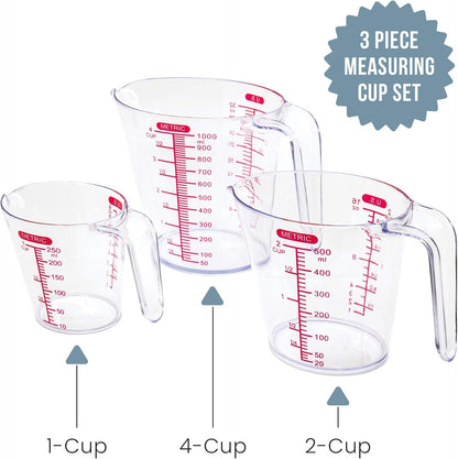 Chef Pomodoro 3-Piece Liquid Measuring Cups Set - Includes 1, 2, and 4 Cup, BPA-Free Plastic, Stackable Nesting