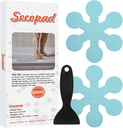 24 Secopad Bathtub Stickers Non-Slip, PCS Safety Shower Treads Adhesive Appliques with Premium Scraper (Blue)