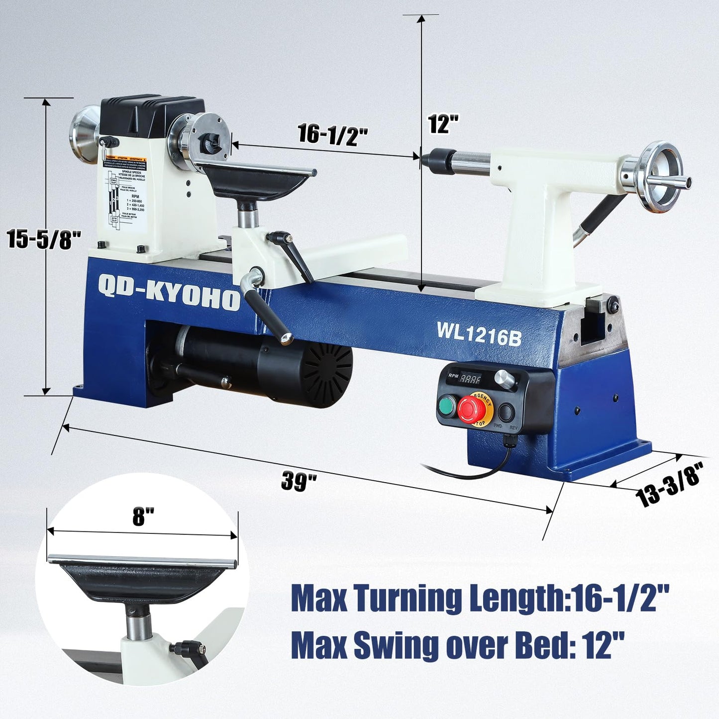 QD-KYOHO 12" X 16-1/2" Wood Lathe Machine，Variable-Speed 250-3200 RPM Digital Display Power Wood Lathes，3/4HP,120V 1PH Wood Turning Lathe,VSR Woodworking Lathe For Precision Woodworking Projects
