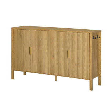 GDFStudio 58" Modern Buffet Cabinet with 4 Stripe Doors, Sideboard Storage Cabinet with Back Door Storage Racks, Shelves, Side Hooks, Coffee Bar Cabinet Credenza for Dining Room Living Room, Natural