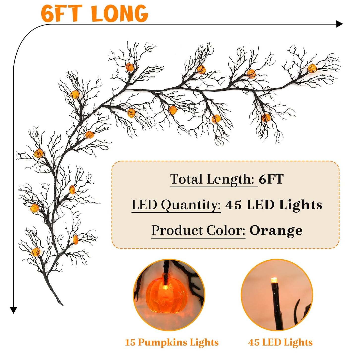 Joyhalo Halloween Garland with Lights Decorations with Pumpkin Lights,Battery Operated 6FT 47 LED Halloween Willow Vine Twig Garland for Mantle,Wall,Fireplace and Halloween Decorations
