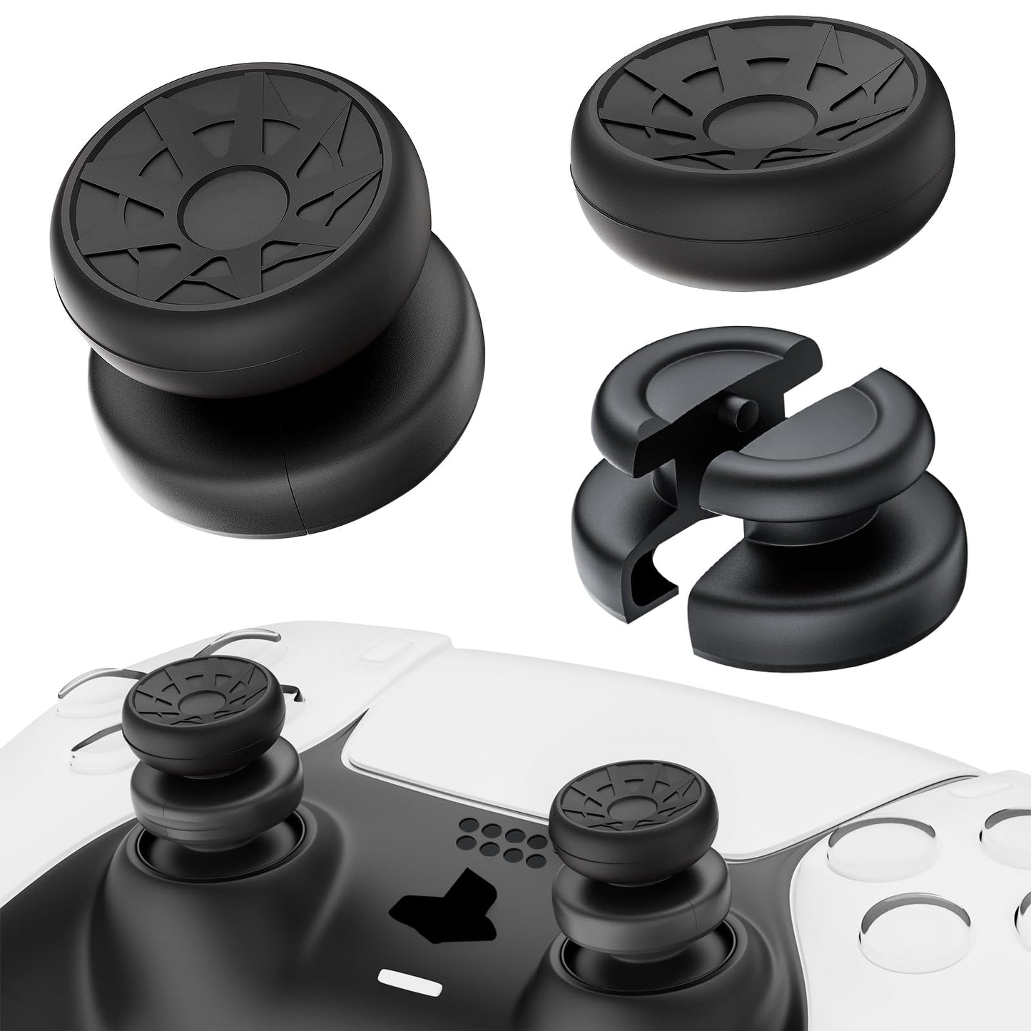 PlayRealm NO Falling Off Thumbstick Extender & Silicone Grip Cover 2 Sets for PS5 & PS4 Controller (Turbo Black)