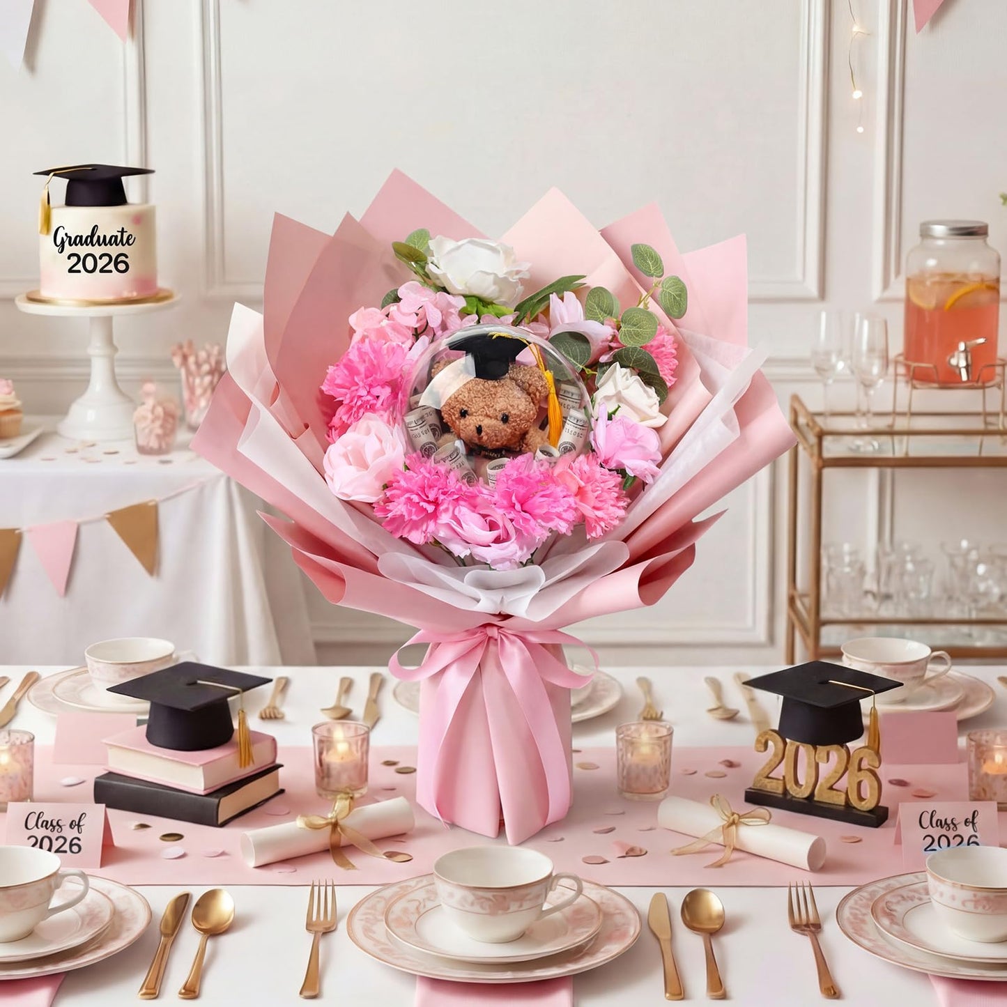 Soulchen Graduation Money Flower Bouquet Kit for DIY Handmade Graduations Balloon Bouquet Artificial Flower Gift for School, College Grad Ceremony for Her Him Grad Party Gifts Favors(Cute,Pink)