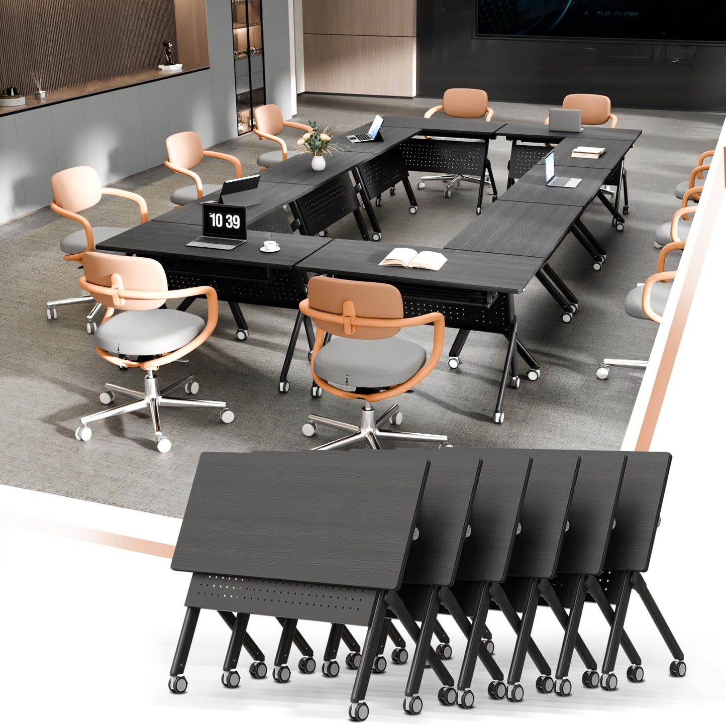 Mobile Folding Conference Table with Wheels,6 Pack Modern Conference Room Tables for 6-12 Person,55.1IN Training Locking Rolling Meeting Conference Tables with Flip-Top for Office Classroom Business