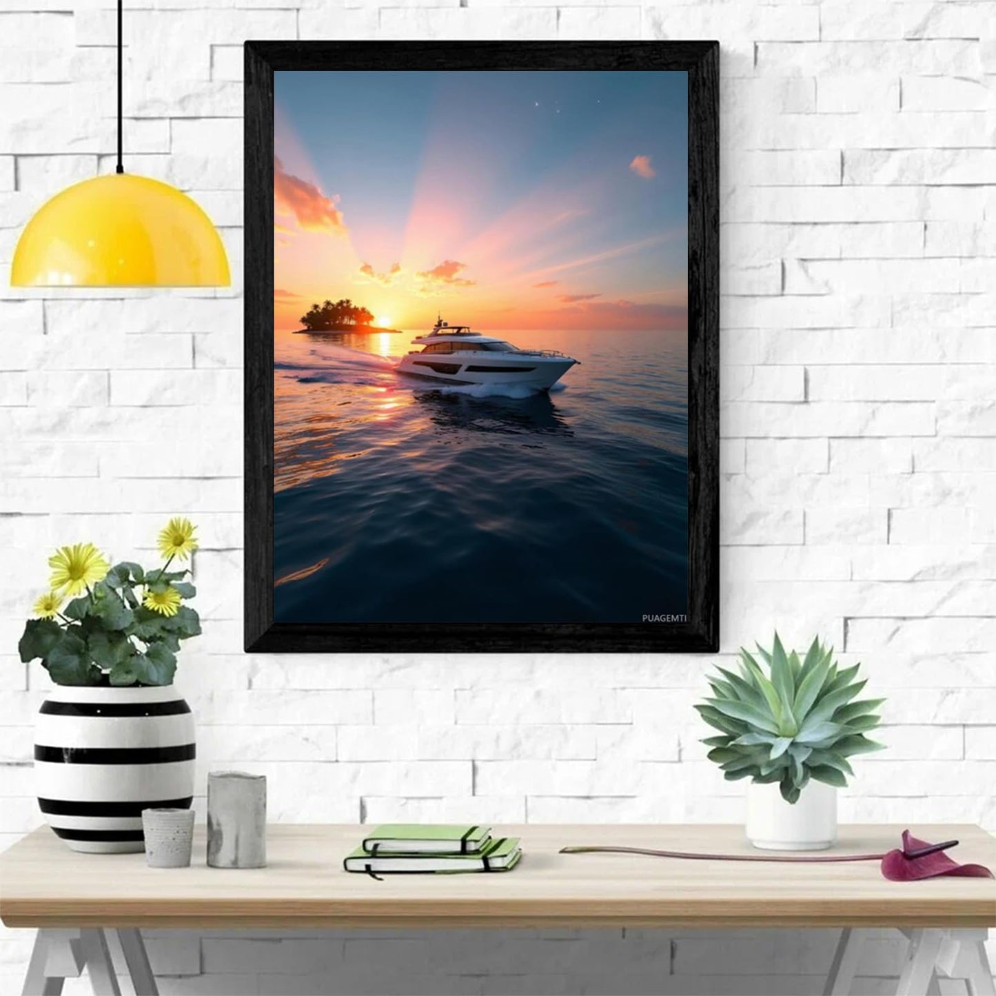 PUAGEMTI Sunset Yacht Island Cruise Scene Diamond Art Kits for Adults, 5D DIY Full Drill Diamond Painting Kits for Adults Beginners, Diamond Painting Kit for Wall Home Decor (No Frame) 12x16 Inch