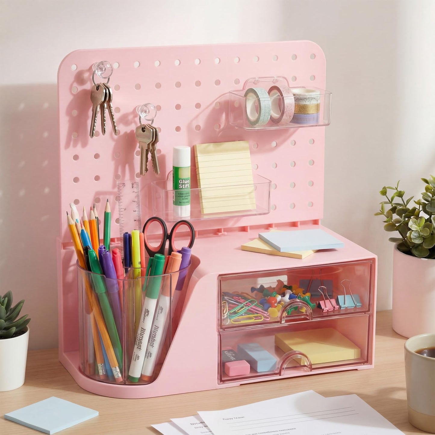 Novabright Desk Organizer with 2 Drawers, Rotating Pen Holder with 5 Slots & Pegboard, Back to School & End of School Year Gifts, Multifunctional Desktop Storage for Desk Home Office Supplies(Pink)