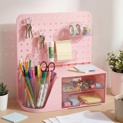 Novabright Desk Organizer with 2 Drawers, Rotating Pen Holder with 5 Slots & Pegboard, Back to School & End of School Year Gifts, Multifunctional Desktop Storage for Desk Home Office Supplies(Pink)