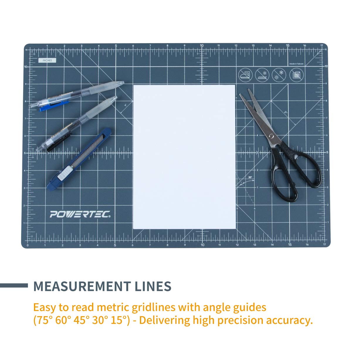 POWERTEC 61001 12" x 18" A3 Non-Slip Double Sided Rotary Cutting Mat with Grid, Table Protector for Crafting, Sizing, Tracing, Sewing, Quilting, Scrapbooking, Arts and Crafts Woodworking